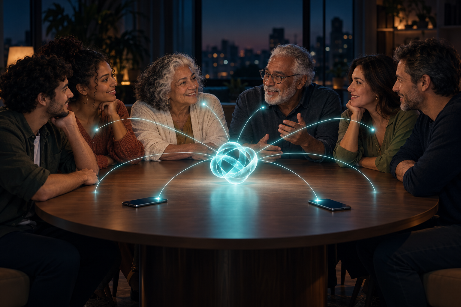 Uma família em conversa, conectada por uma presença luminosa que representa o Elo, sua inteligência artificial.